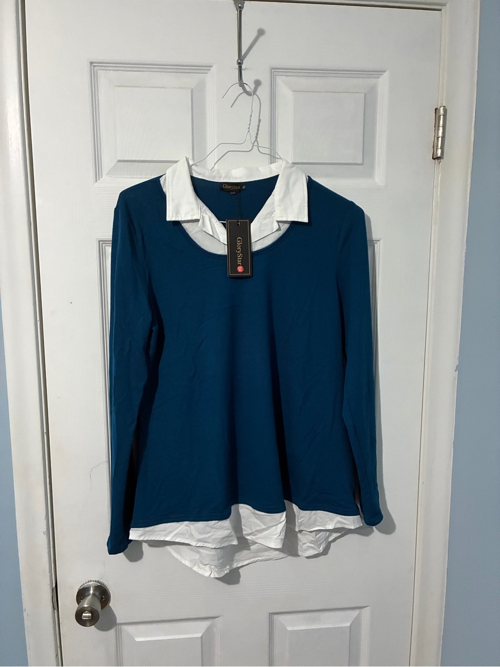 Glory Star Teal Faux-Layered V-Neck Sweater with White Collar